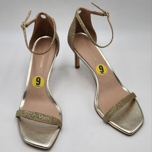 *Nwob Stuart Weitzman Nudistcurve Womens gold glitter ankle strap sandals 9M